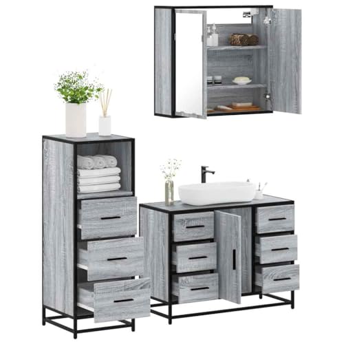 Qnhdfrt 3-teiliges Badmöbel-Set Grau Sonoma Holzwerkstoff mit Metallrahmen 80x33x60 cm Großer Stauraum Spiegel Modernes Design für Badezimmer Gäste-WC Qnhdfrt 3-teiliges Badmöbel-Set Grau Sonoma Holzwerkstoff mit Metallrahmen 80x33x60 cm Großer Stauraum Spiegel Modernes Design für Badezimmer Gäste-WC von Qnhdfrt