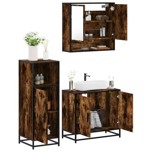 Qnhdfrt 3-teiliges Badmöbel-Set Räuchereiche Holzwerkstoff mit Metallrahmen 65 x 33 x 60 cm Großer Stauraum für Badezimmer Medizinschrank Badschrank schmal Modernes Design für kleine Bäder von Qnhdfrt