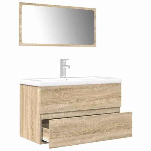Qnhdfrt 3 teiliges Badmöbel Set Sonoma Eiche 80 cm Badregal mit Keramik Waschbecken und Wandspiegel Platzsparendes Sideboard für kleines Badezimmer WC oder Küche Qnhdfrt 3 teiliges Badmöbel Set Sonoma Eiche 80 cm Badregal mit Keramik Waschbecken und Wandspiegel Platzsparendes Sideboard für kleines Badezimmer WC oder Küche von Qnhdfrt