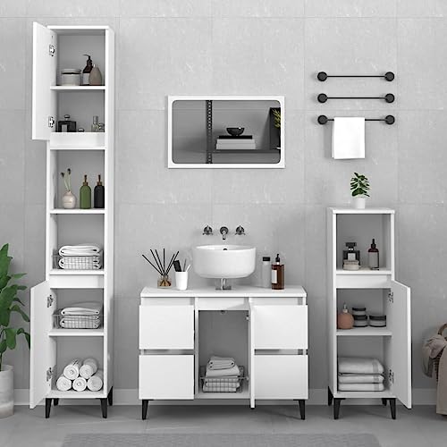 Qnhdfrt 3-teiliges Badmöbel-Set Weiß 80x33x60 cm mit Hochschrank 190 cm und kleinem Standschrank 100 cm aus Holzwerkstoff und Metall Modern und platzsparend für Badezimmer Gäste-WC und Flur von Qnhdfrt