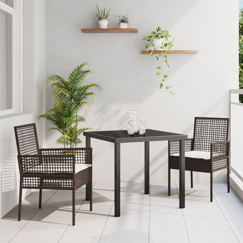 Qnhdfrt 3-teiliges Garten Esstisch Set mit 2 Stühlen Kissen Braun Poly Rattan Quadratisch für Balkon Garten Terrasse Modernes Design Abnehmbare Kissen Stahlrahmen 150kg Tragfähigkeit von Qnhdfrt