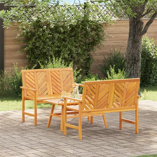 Qnhdfrt 3-teiliges Garten-Lounge-Set aus massivem Akazienholz (2 Bänke) Braun Rechteckig mit Chevron-Muster Outdoor-Möbel für Terrasse Garten Balkon von Qnhdfrt