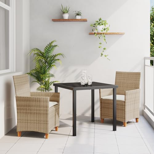 Qnhdfrt 3-teiliges Gartenstuhl Set 2 Stühle + 1 Tisch mit Kissen Beige Poly-Rattan für Garten Terrasse Balkon – Robustes Wetterfestes Design für Entspannung im Freien von Qnhdfrt