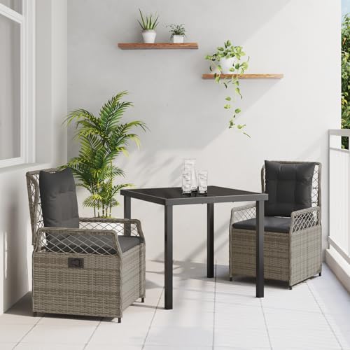 Qnhdfrt 3-teiliges Gartenstuhl Set Grau mit Tisch Poly Rattan Outdoor Möbel für Terrasse Balkon Garten mit Verstellbarer Rückenlehne und dicken Polstern von Qnhdfrt