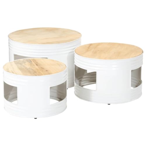 Qnhdfrt 3er Set Beistelltische Fass-Design aus Massivholz Mango Weiß Couchtisch Nachttisch Ø53/47/40 cm für Wohnzimmer Schlafzimmer von Qnhdfrt