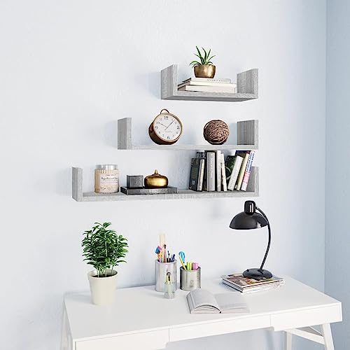 Qnhdfrt 3er Set Wandregale Grau Sonoma Holzwerkstoff Schwebendes Regal U-Form für Bücher CDs Pflanzen in Wohnzimmer Küche Bad – 3 Größen 60 45 30 cm hohe Belastbarkeit von Qnhdfrt