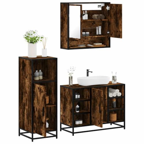 Qnhdfrt 3tlg Badmöbel Set Räuchereiche 60 kg Tragkraft Holzwerkstoff Metall Spiegel Waschtisch 65x20x60 80x33x60 35x37.5x100 cm Modernes Design Robust Langlebig für Badezimmer Gäste WC Küche Flur von Qnhdfrt
