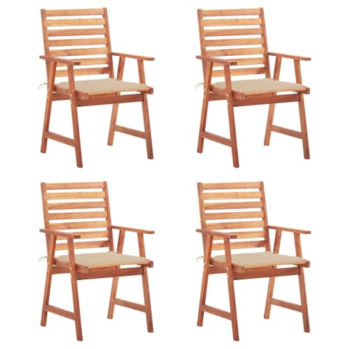 Qnhdfrt 4 Gartenstühle mit Kissen aus Massivholz Akazie Beige, Outdoor Esszimmerstühle für Terrasse Balkon Garten, Robust und Wetterbeständig mit Lattendesign, 56x62x92 cm von Qnhdfrt