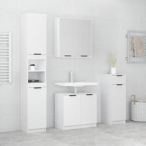 Qnhdfrt 4-TLG Badmöbel Set Weiß Hochglanz BadmöbelSet mit Spiegelschrank Badschrank Hochschrank 188 cm Höhe Holzwerkstoff Modernes platzsparendes Design für kleine Badezimmer Gäste WC von Qnhdfrt