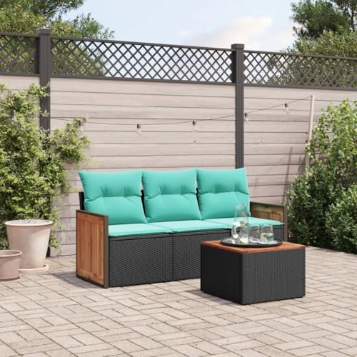 Qnhdfrt 4-TLG Gartensofa Set 55x62x69 cm Schwarz Polyrattan mit Akazienholz Tisch Sitzgruppe für Balkon und Terrasse von Qnhdfrt
