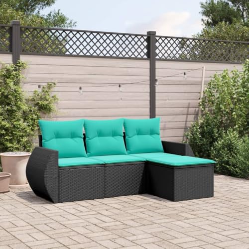 Qnhdfrt 4-TLG Gartensofa Set Schwarz Polyrattan mit Blauen Kissen 55x62x69 cm modular Sitzgruppe Outdoor für Balkon Terrasse Garten Lounge von Qnhdfrt