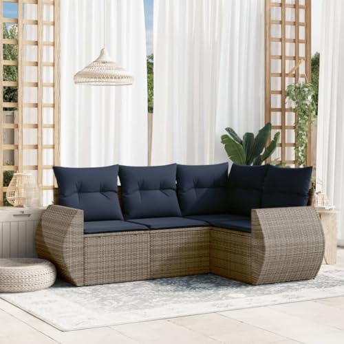 Qnhdfrt 4-TLG Gartensofa Set grau Polyrattan Lounge Sitzgruppe Outdoor mit 5 Rückenkissen & 4 Sitzkissen 62x62x69 cm platzsparend modular für Balkon Terrasse Gartenmöbel Set von Qnhdfrt