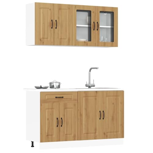 Qnhdfrt 4-TLG Küchenschrank Set Kalmar Artisan-Eiche Holzwerkstoff mit Glasfront - Modernes Design Küchenzeile Unterschrank Hängeschrank für Küche Qnhdfrt 4-TLG Küchenschrank Set Kalmar Artisan-Eiche Holzwerkstoff mit Glasfront - Modernes Design Küchenzeile Unterschrank Hängeschrank für Küche von Qnhdfrt