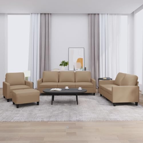 Qnhdfrt 4-TLG Sofagarnitur Cappuccino-Braun Kunstleder mit 6 Kissen – Inklusive Sessel, Zweisitzer Sofa, Dreisitzer Sofa, Fußhocker – Bequem und Robust für Wohnzimmer, Balkon und Mehr von Qnhdfrt