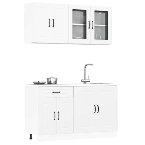 Qnhdfrt 4-TLG. Küchenschrank-Set Kalmar Weiß aus Holzwerkstoff und Glas mit viel Stauraum verstellbaren Füßen Elegantes Design für Kücheneinrichtung von Qnhdfrt