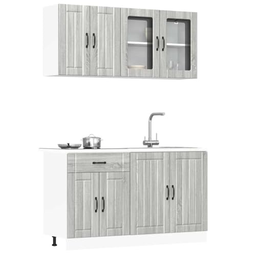 Qnhdfrt 4-TLG. Küchenschrank-Set Lucca Grau Sonoma aus Holzwerkstoff und Glas mit Hängeschränken und Unterschränken für optimierten Stauraum in der Küche von Qnhdfrt