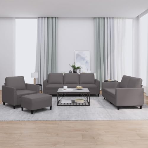 Qnhdfrt 4-TLG. Sofagarnitur Grau Kunstleder mit Kissen – Bequemes Sitzset für Wohnzimmer, Robustes Gestell und Flexibler Fußhocker, Komplettgarnitur mit Sessel und Sofa von Qnhdfrt