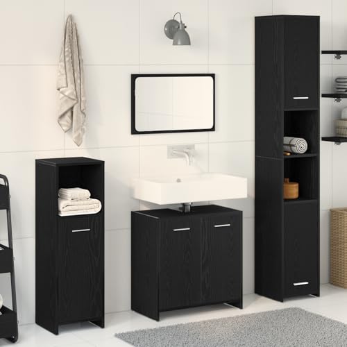 Qnhdfrt 4-Teiliges Badezimmermöbelset Schwarz Eiche - Freistehender Hochschrank mit Regalen und Tür - Modernes Design für Badezimmer von Qnhdfrt