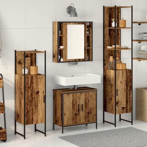 Qnhdfrt 4-teiliges Badezimmermöbel Set Rustikales Design Holzwerkstoff Braun Rechteckig mit 2 Türen und 4 Regalen für Bad WC oder Waschraum von Qnhdfrt