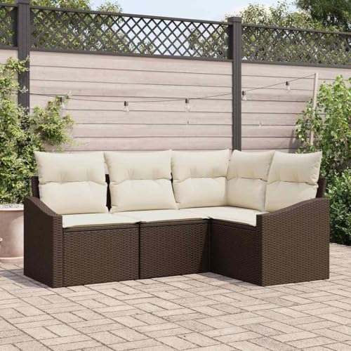 Qnhdfrt 4-teiliges Garten-Ecksofa-Set aus Poly-Rattan in Braun/Creme, modernes Design für Balkon, Terrasse und Wintergarten, wetterfest und komfortabel mit abnehmbaren Kissen von Qnhdfrt