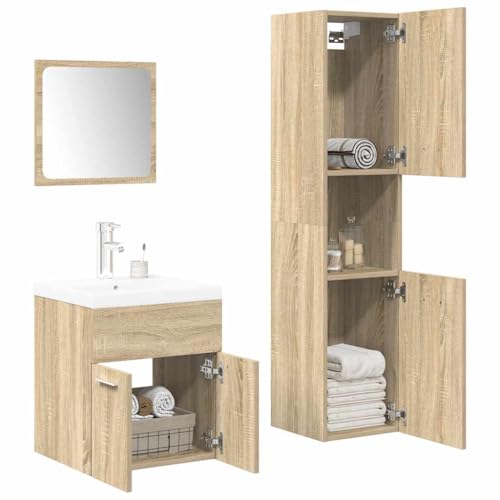 Qnhdfrt 4tlg Badmöbel Set Sonoma Eiche Holzwerkstoff Waschbecken 42x39x18 cm mit Überlauf Hochschrank 30x30x130 cm Wandbefestigung platzsparend für kleine Badezimmer Gäste WC von Qnhdfrt