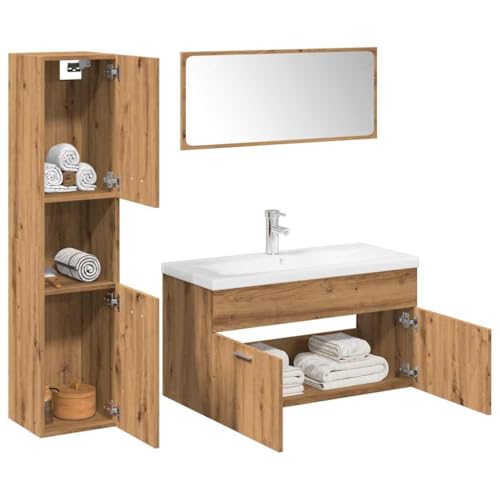 Qnhdfrt 5 TLG Badezimmer Set Artisan Eiche Holzwerkstoff 90x38,5x46 cm Waschbecken Keramik Weiß mit Spiegel und 2 Hängeschrank für Modernes Bad Dusch WC Gäste WC von Qnhdfrt