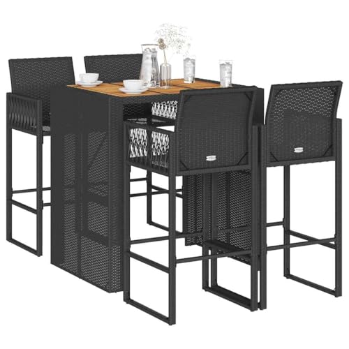 Qnhdfrt 5-TLG Gartenbar-Set Schwarz Poly Rattan mit Akazienholz-Tisch 105x80x110 cm Hocker 80 cm Sitzhöhe Modernes Design Robust & Langlebig für Garten Terrasse Balkon und Outdoor Lounge von Qnhdfrt