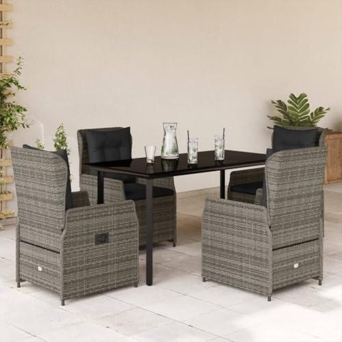 Qnhdfrt 5-TLG Gartenmöbel Set Poly Rattan Grau mit 140x70 cm Glastisch und 4 verstellbaren Gartenstühlen mit Kissen Modernes Balkonmöbel für Essen und Lounge im Garten Balkon Terrasse von Qnhdfrt