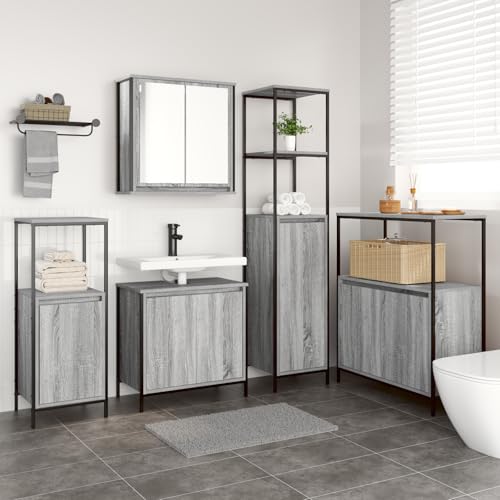 Qnhdfrt 5-TLG. Badezimmermöbel Set Grau Sonoma aus Holzwerkstoff mit Matt Oberfläche für Moderne Bäder – Inklusive Spiegelschrank und Schmalen Schränken als Vielseitige Aufbewahrungslösung von Qnhdfrt
