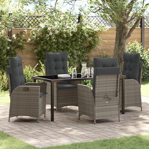 Qnhdfrt 5-TLG. Gartenstuhl Set Grau Poly Rattan mit Verstellbarer Rückenlehne und Kissen, 4-Sitzer Gartenmöbel für Outdoor Entspannung auf Terrasse und Balkon von Qnhdfrt