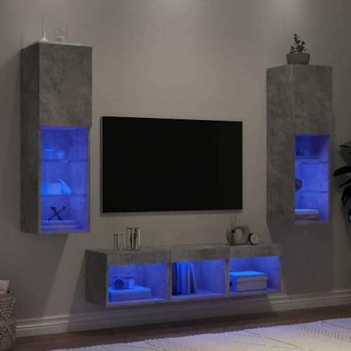 Qnhdfrt 5-TLG. Wohnwand mit RGB-LED-Beleuchtung in Betongrau aus Holzwerkstoff - Moderner TV-Schrank mit Wandmontage & viel Stauraum von Qnhdfrt