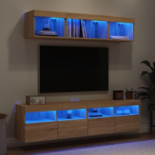 Qnhdfrt 5-TLG. Wohnwand mit RGB-LED-Beleuchtung in Sonoma-Eiche Holzwerkstoff, moderner TV-Schrank mit Wandmontage & viel Stauraum für Wohnzimmer von Qnhdfrt