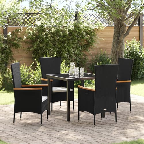 Qnhdfrt 5 Teile Garten-Essgruppe mit Cremekissen Schwarzes Synthetisches Poly-Rattan Rechteckige Essgruppe für Garten Terrasse und Balkon mit 4 Armstühlen von Qnhdfrt