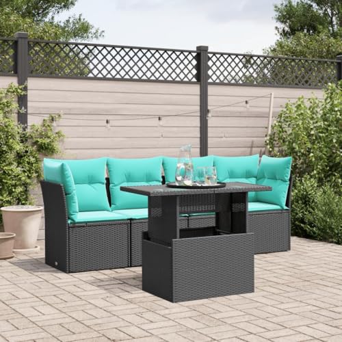 Qnhdfrt 5-Teiliges Gartensofa Set Schwarz Polyrattan mit höhenverstellbarem Glastisch und waschbaren blauen Kissen 100x55 cm Modular Outdoor Sitzgruppe für Garten Balkon Terrasse von Qnhdfrt