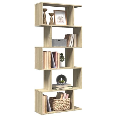 Qnhdfrt 5-etagiges Raumteiler-Bücherregal aus Holzwerkstoff Sonoma-Eiche 70x24x161 cm schmal Schrank für Wohnzimmer Büro Schlafzimmer mit viel Stauraum und geometrischem Design von Qnhdfrt