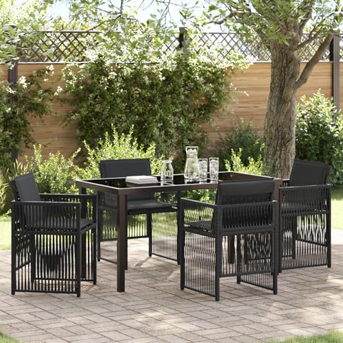 Qnhdfrt 5-teilige Garten Essgruppe Schwarz Poly Rattan mit Kissen Rechteckiger Esstisch und 4 Stühle für Balkon Terrasse Außenbereich von Qnhdfrt