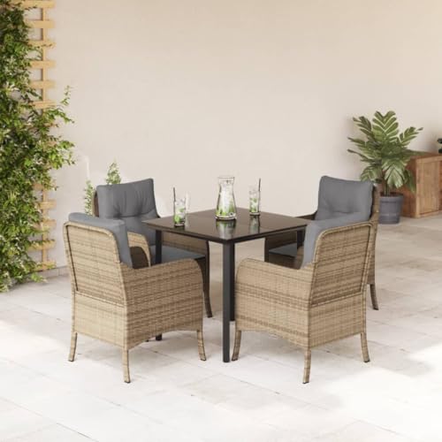 Qnhdfrt 5 teilige Garten Essgruppe mit Kissen Beige PE Rattan und Glas Tisch für Balkon Terrasse oder Garten 80 x 80 cm von Qnhdfrt