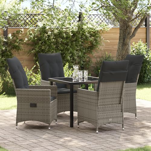 Qnhdfrt 5-teiliges Garten-Dining-Set Grau Rechteckig mit Verstellbaren Gartenstühlen und Kissen aus Poly-Rattan für Balkon Terrasse Garten Modernes Design Robustheit Langlebigkeit von Qnhdfrt