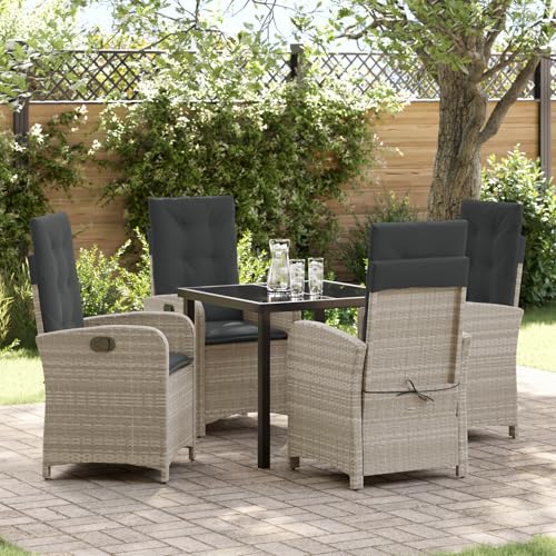 Qnhdfrt 5-teiliges Garten-Dining-Set Hellgrau mit Kissen aus Poly-Rattan für Outdoor - Neigbare Gartenstühle mit Stahlrahmen, Rechteckig und Robust für Terrasse, Balkon oder Garten Qnhdfrt 5-teiliges Garten-Dining-Set Hellgrau mit Kissen aus Poly-Rattan für Outdoor - Neigbare Gartenstühle mit Stahlrahmen, Rechteckig und Robust für Terrasse, Balkon oder Garten von Qnhdfrt