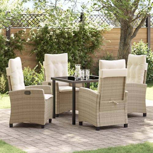 Qnhdfrt 5-teiliges Garten-Dining-Set mit beigen Kissen, Poly-Rattan Gartenmöbel für 4 Personen, wetterfeste Outdoor Stühle und rechteckiger Tisch, Robustes Design für Garten, Terrasse und Balkon von Qnhdfrt