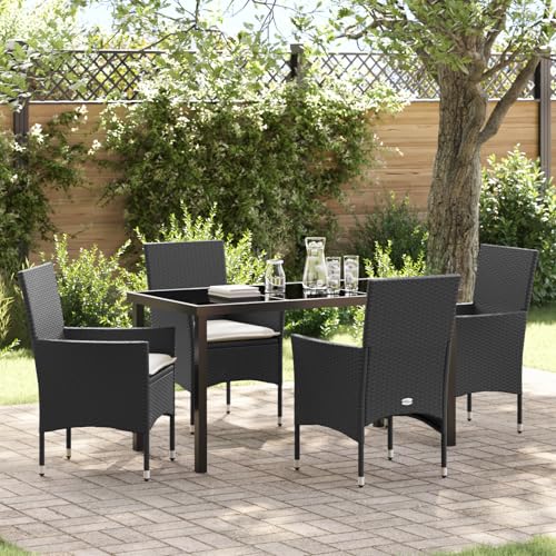 Qnhdfrt 5-teiliges Garten Essgruppe Schwarz Poly-Rattan mit Kissen Rechteckig für 4 Personen Robuste Outdoor-Möbel für Terrasse Balkon von Qnhdfrt