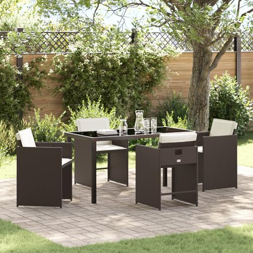 Qnhdfrt 5-teiliges Garten Essset Braun mit Kissen Faltbare Outdoor Möbel Set aus Poly-Rattan Rechteckig für 4 Personen Garten Balkon Terrasse Modernes Design Komfortable Sitzgruppe von Qnhdfrt
