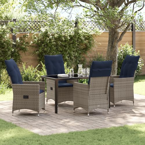 Qnhdfrt 5-teiliges Garten Essset Grau mit Kissen Rechteckiger Esstisch und 4 Stühle Polyrattan Stabiles Gartenmöbel Set aus Stahl für Terrasse Balkon von Qnhdfrt