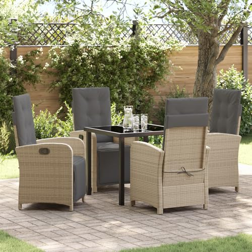 Qnhdfrt 5-teiliges Garten Essset mit Beige Poly Rattan Kissen für 4 Personen, Modernes Design, Robuster Stahlrahmen für Garten, Balkon und Terrasse von Qnhdfrt