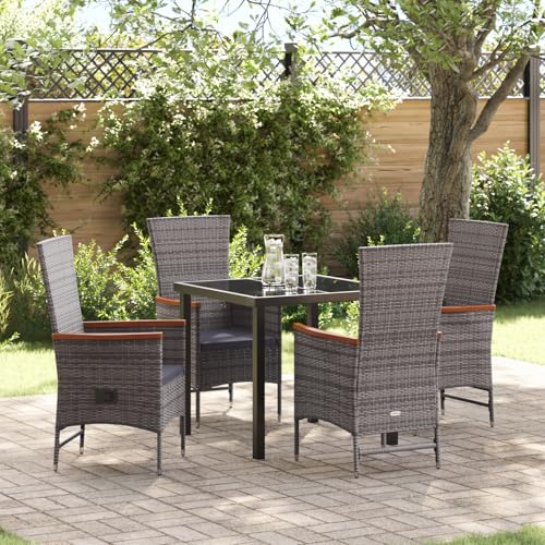 Qnhdfrt 5-teiliges Garten Esszimmer Set Grau Poly-Rattan mit Kissen und Verstellbarer Rückenlehne für Terrasse Balkon Gartenbereich von Qnhdfrt