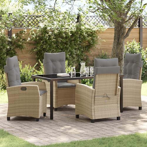 Qnhdfrt 5-teiliges Garten Esszimmer Set mit Kissen, Beige - 4 Gartenstühle mit Verstellbarer Rückenlehne und 1 Tisch, Synthetisches Rattan für Balkon Terrasse Garten von Qnhdfrt