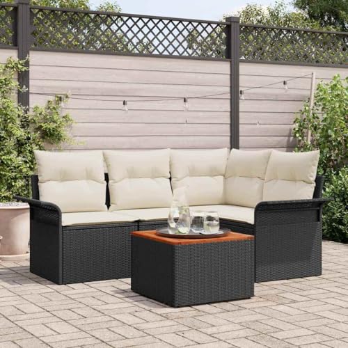 Qnhdfrt 5 teiliges Garten Sofa Set Schwarz mit Kissen und Tisch aus Poly Rattan Modernes Design Robust für Terrasse Balkon Garten von Qnhdfrt