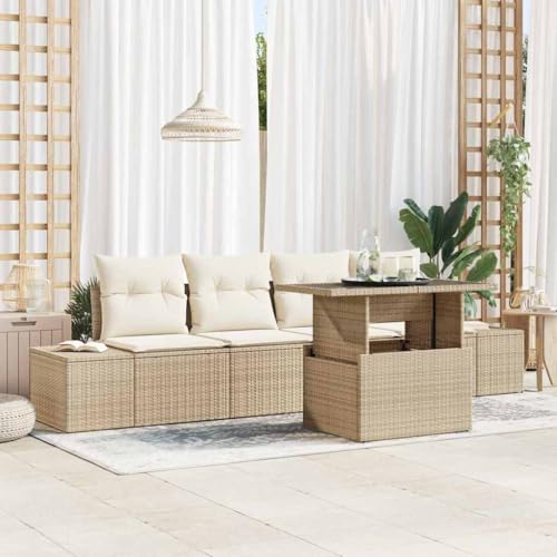 Qnhdfrt 5-teiliges Gartensofa Set aus robustem Poly Rattan in Beige mit Cremekissen, modularer Outdoor Lounge für Garten, Balkon und Terrasse von Qnhdfrt