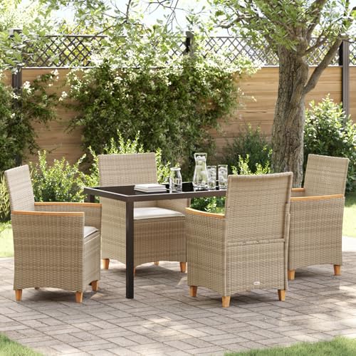 Qnhdfrt 5-teiliges Gartenstuhl Set Poly Rattan Beige Outdoor Esstischgruppe mit Kissen für Garten Terrasse Balkon Robustes Design und Hohe Belastbarkeit von Qnhdfrt