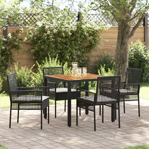 Qnhdfrt 5-teiliges Outdoor-Essgruppen-Set Schwarz mit Kissen Poly-Rattan Quadratischer Tisch und 4 Stühle für Garten Terrasse Balkon Modernes Design Robust und Bequem von Qnhdfrt